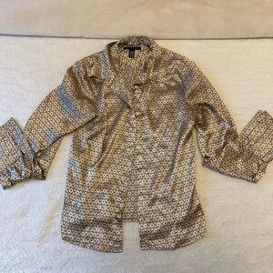 Gorgeous silky satin gold patterned button up blouse